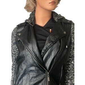 JouJou Womens Black Full Zip Faux Leather Moto Jacket Sz M Zippers Bomber Hoodie